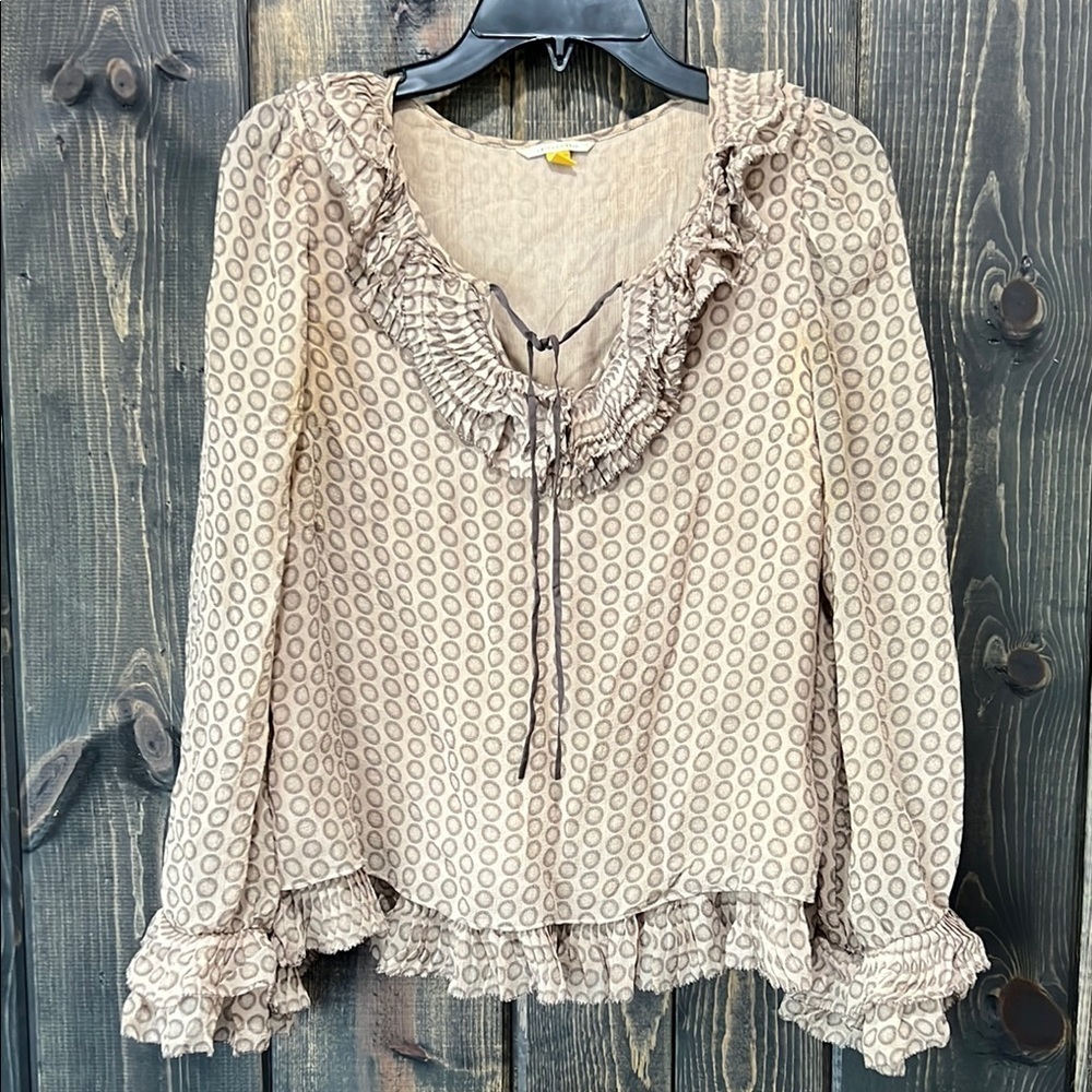 Anthropologie Leifsdottir Flabellum Top‎ 2 Silk Brown Dot Ruffle Boho Chiffon